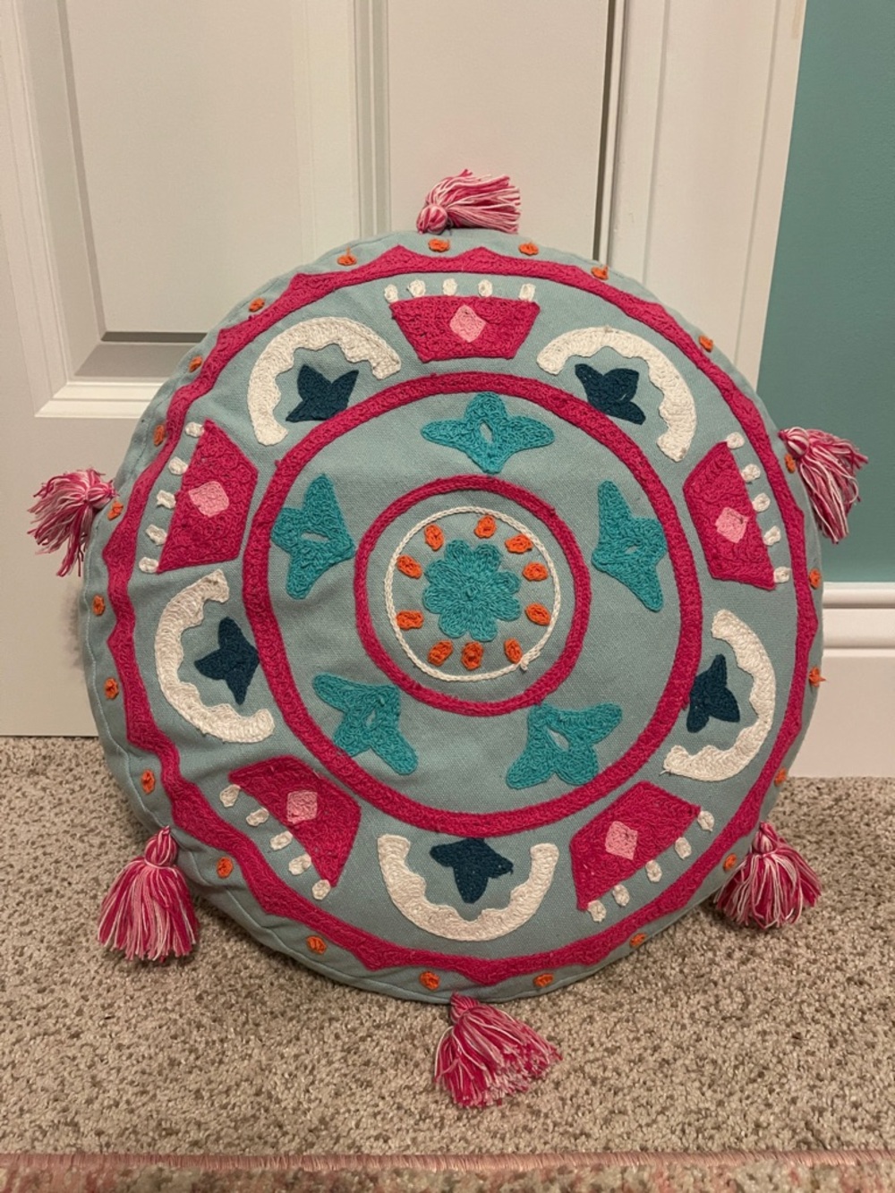 Pottery Barn Teen Round Embroidered Accent Pillow in Teal, Pink, White